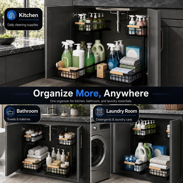 Alt view image 4 of 7 - Under Sink Organizer 2 Pack, Double Slide Out Metal Shelf, Black