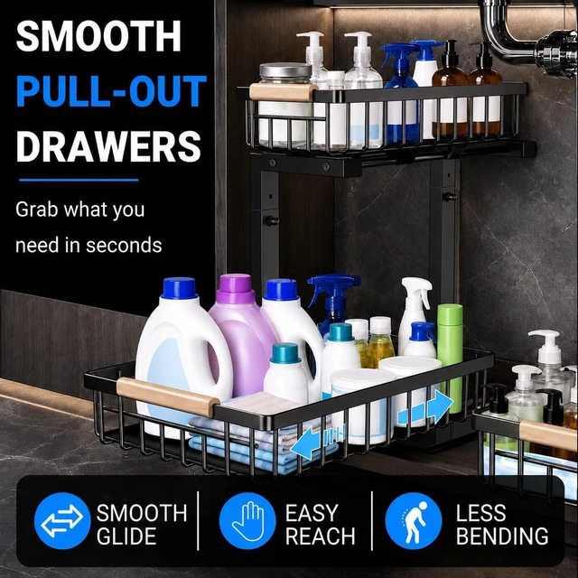 Alt view image 6 of 7 - Under Sink Organizer 2 Pack, Double Slide Out Metal Shelf, Black