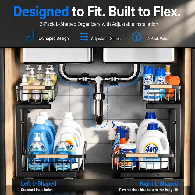 Alt view image 7 of 7 - Under Sink Organizer 2 Pack, Double Slide Out Metal Shelf, Black