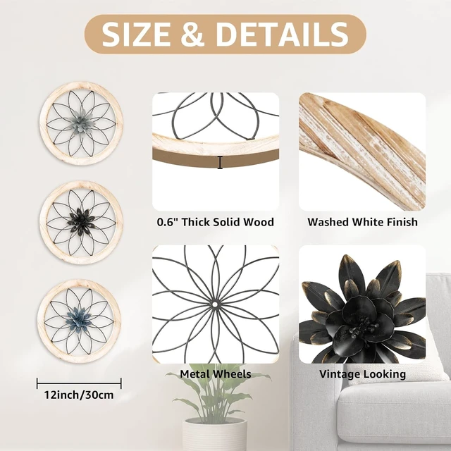 Alt view image 2 of 7 - 3 Piece Round Farmhouse Wall Decor with 6 Piece Interchangeable Flowers 12'' Medallion Wood & Metal Rustic Wall Art for Living Room Bedroom Kitchen Bathroom Dining Room Home Decorations