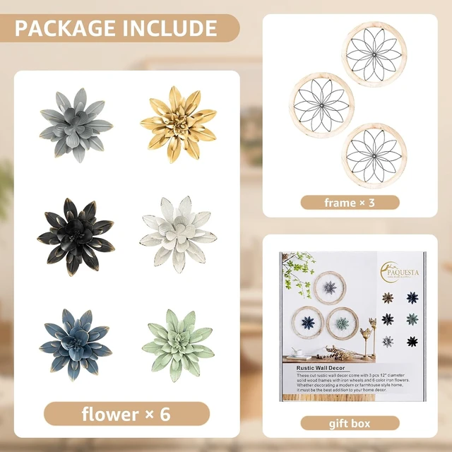 Alt view image 3 of 7 - 3 Piece Round Farmhouse Wall Decor with 6 Piece Interchangeable Flowers 12'' Medallion Wood & Metal Rustic Wall Art for Living Room Bedroom Kitchen Bathroom Dining Room Home Decorations