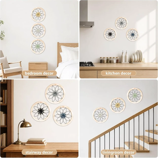 Alt view image 5 of 7 - 3 Piece Round Farmhouse Wall Decor with 6 Piece Interchangeable Flowers 12'' Medallion Wood & Metal Rustic Wall Art for Living Room Bedroom Kitchen Bathroom Dining Room Home Decorations