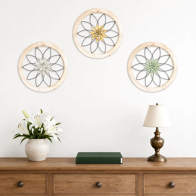Alt view image 6 of 7 - 3 Piece Round Farmhouse Wall Decor with 6 Piece Interchangeable Flowers 12'' Medallion Wood & Metal Rustic Wall Art for Living Room Bedroom Kitchen Bathroom Dining Room Home Decorations