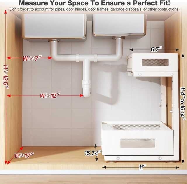 Alt view image 2 of 7 - 2-Pack Under Sink Storage Organizer, Large 2-Tier Elegant Mesh Pull Out Shelf for Kitchen and Bathroom Cabinet Organization, L-Shaped and Adjustable Height Design for Maximum Space Efficiency-White