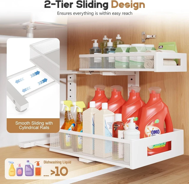 Alt view image 4 of 7 - 2-Pack Under Sink Storage Organizer, Large 2-Tier Elegant Mesh Pull Out Shelf for Kitchen and Bathroom Cabinet Organization, L-Shaped and Adjustable Height Design for Maximum Space Efficiency-White
