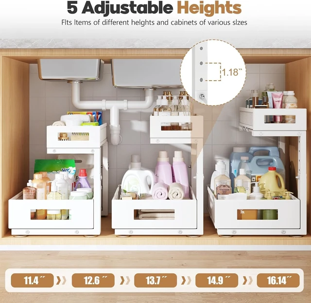 Alt view image 5 of 7 - 2-Pack Under Sink Storage Organizer, Large 2-Tier Elegant Mesh Pull Out Shelf for Kitchen and Bathroom Cabinet Organization, L-Shaped and Adjustable Height Design for Maximum Space Efficiency-White