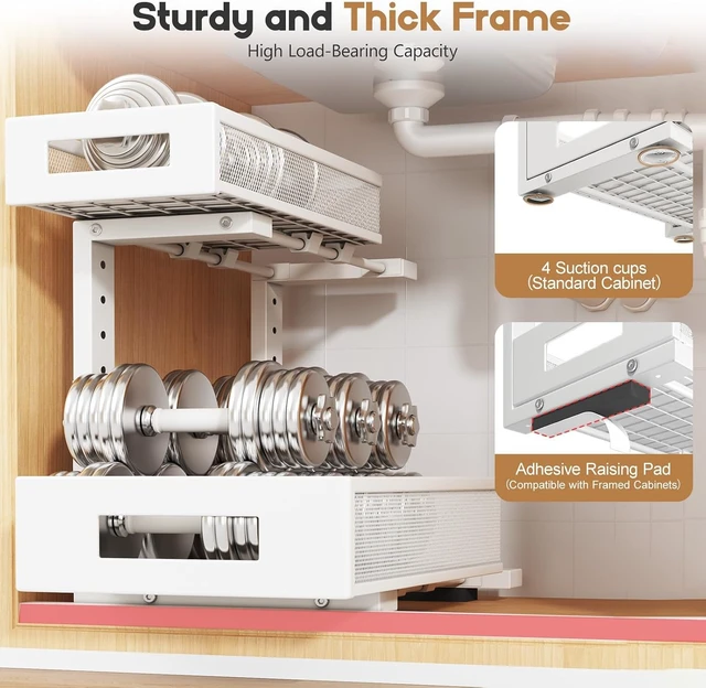 Alt view image 6 of 7 - 2-Pack Under Sink Storage Organizer, Large 2-Tier Elegant Mesh Pull Out Shelf for Kitchen and Bathroom Cabinet Organization, L-Shaped and Adjustable Height Design for Maximum Space Efficiency-White