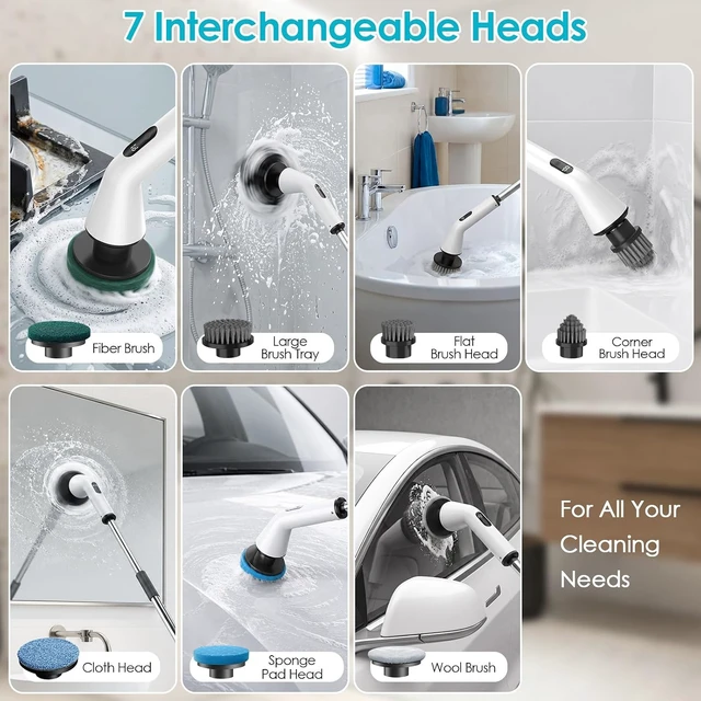 Alt view image 5 of 7 - Electric Spin Scrubber for Bathroom,Power Cleaning Brush with 7 Replaceable Brush Heads, Adjustable Long Handle, Cordless Electric Shower Scrubber for Home, Floor, Kitchen & Car