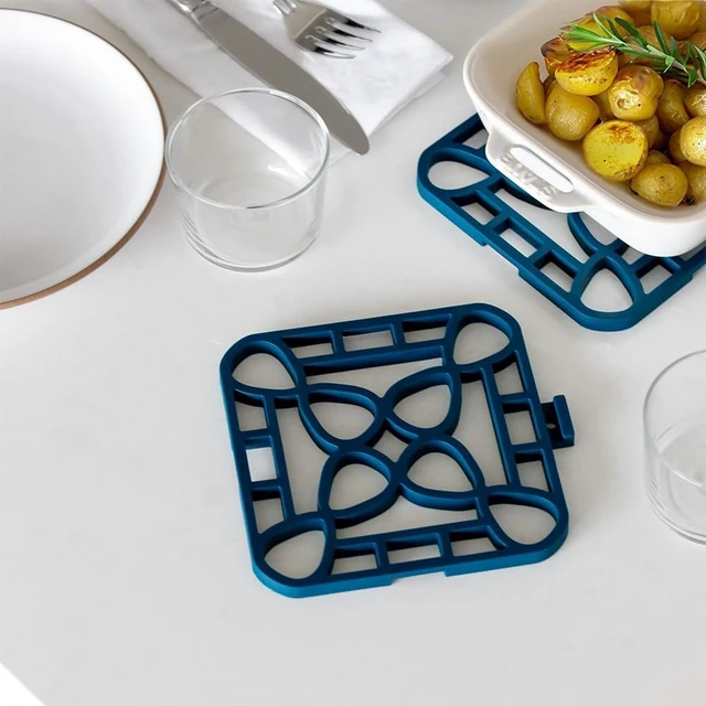 Alt view image 2 of 7 - 4-Pack Trivets for Hot Dishes - Blue Interlocking Hot Pads for Kitchen, Coffee Bar Essentials, Silicone Mats for Kitchen Counter, Heat Resistant Silicone Trivets for Pots and Pans