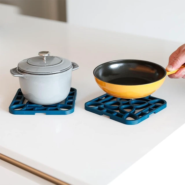 Alt view image 6 of 7 - 4-Pack Trivets for Hot Dishes - Blue Interlocking Hot Pads for Kitchen, Coffee Bar Essentials, Silicone Mats for Kitchen Counter, Heat Resistant Silicone Trivets for Pots and Pans