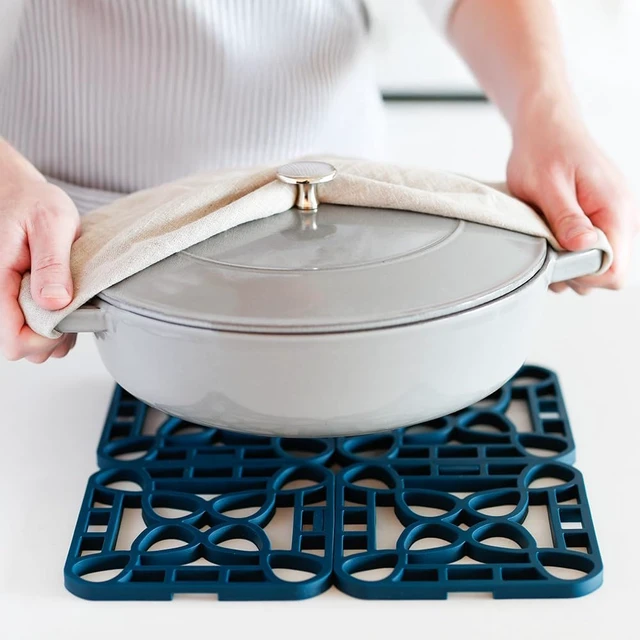 Alt view image 7 of 7 - 4-Pack Trivets for Hot Dishes - Blue Interlocking Hot Pads for Kitchen, Coffee Bar Essentials, Silicone Mats for Kitchen Counter, Heat Resistant Silicone Trivets for Pots and Pans