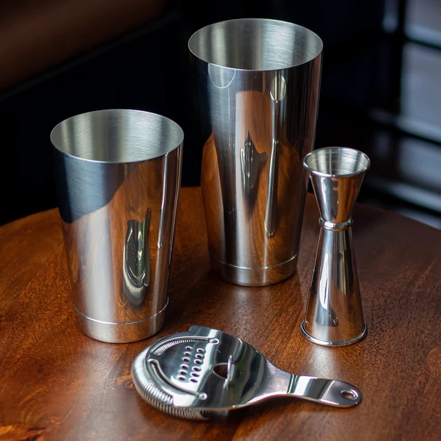 Alt view image 2 of 6 - Professional Cocktail Shaker Set Bartending Kit: Weighted Boston Shaker Tins, Hawthorne Strainer and Japanese Jigger