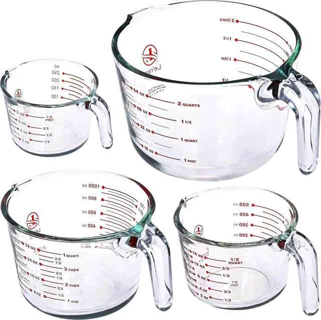 Main image of Leraze Glass Measuring Cups Set of 4 Heat-Resistant, Easy-Read Measurements, Ergonomic Handle & Pour Spout, Dishwasher Safe, Kitchen Bakeware Liquid Batter Mixing Bowls (1 cup, 2 cup, 4 cup, 8 Cup)
