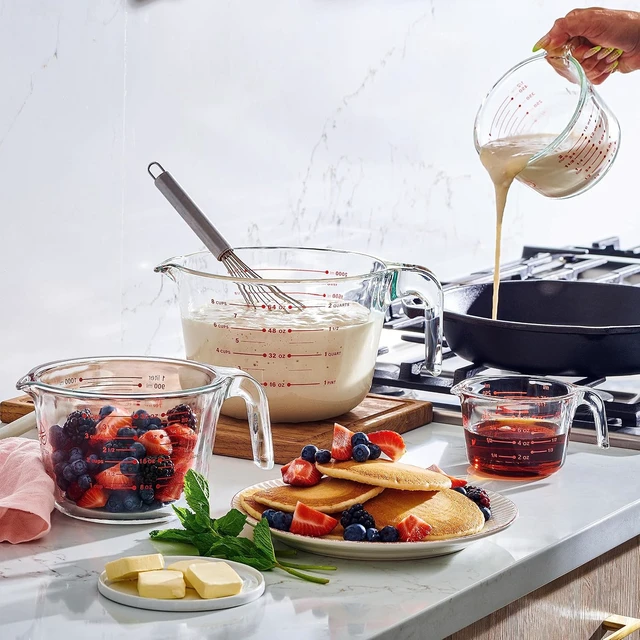 Alt view image 3 of 7 - Leraze Glass Measuring Cups Set of 4 Heat-Resistant, Easy-Read Measurements, Ergonomic Handle & Pour Spout, Dishwasher Safe, Kitchen Bakeware Liquid Batter Mixing Bowls (1 cup, 2 cup, 4 cup, 8 Cup)