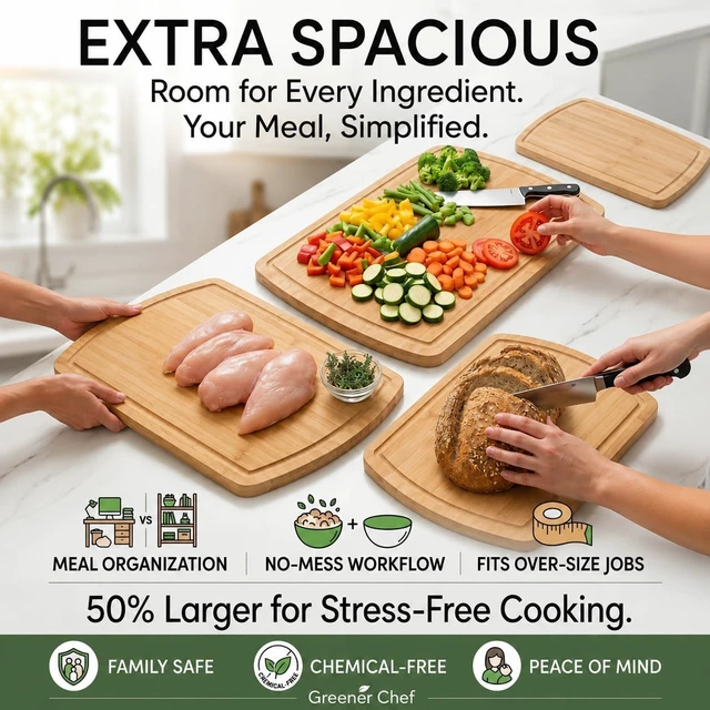 Alt view image 3 of 7 - SAFEST Extra Large Bamboo Cutting Board Set of 3 with Glue-Free Surface Technology - Extra Spacious Wood Cutting Boards for Kitchen and XL Chopping Board Set - Replacements for Life