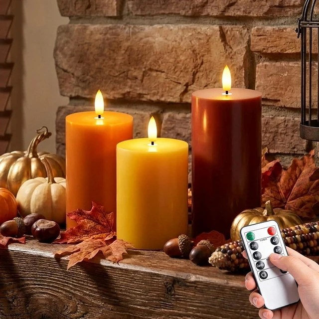 Main image of Fall Decor, Fall Decorations for Home, Flameless Pillar Candles, Set of 3