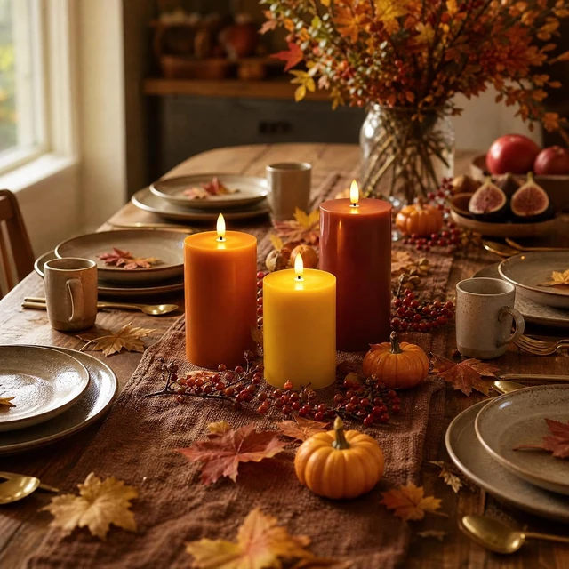 Alt view image 5 of 6 - Fall Decor, Fall Decorations for Home, Flameless Pillar Candles, Set of 3