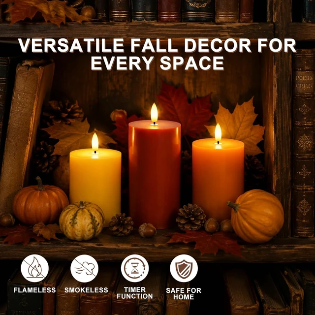 Alt view image 4 of 6 - Fall Decor, Fall Decorations for Home, Flameless Pillar Candles, Set of 3