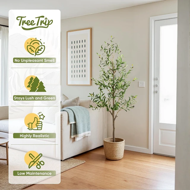 Alt view image 4 of 7 - Olive Tree Artificial Indoor, 6 FT Faux Olive Trees with Planter, Fake Tall Plants with Natural Trunk and Lifelike Fruits for Home Office Decor(1, 6FT)
