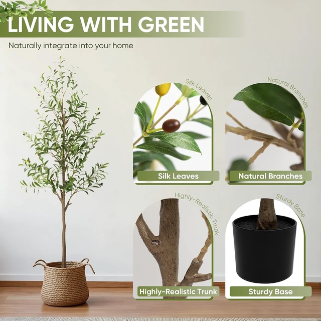 Alt view image 7 of 7 - Olive Tree Artificial Indoor, 6 FT Faux Olive Trees with Planter, Fake Tall Plants with Natural Trunk and Lifelike Fruits for Home Office Decor(1, 6FT)