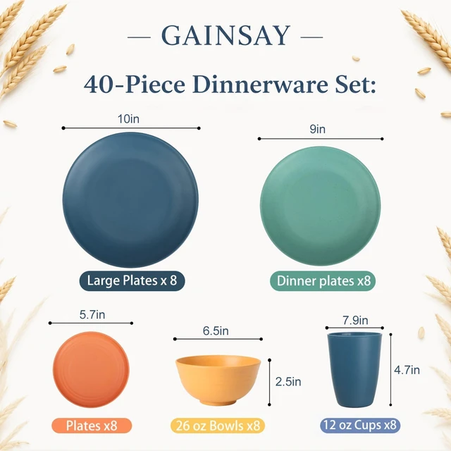 Alt view image 2 of 7 - Wheat Straw Dinnerware Set, 40-PCS Lightweight Dish Set for 8