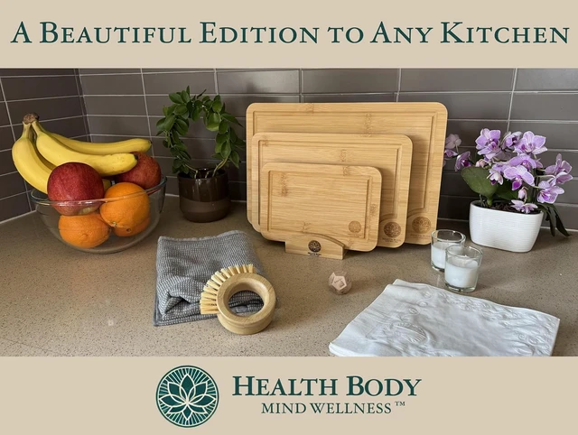 Alt view image 5 of 5 - Bamboo Cutting Board Set with Holder, 3-Piece Kitchen Cutting Boards, Cleaning Brush