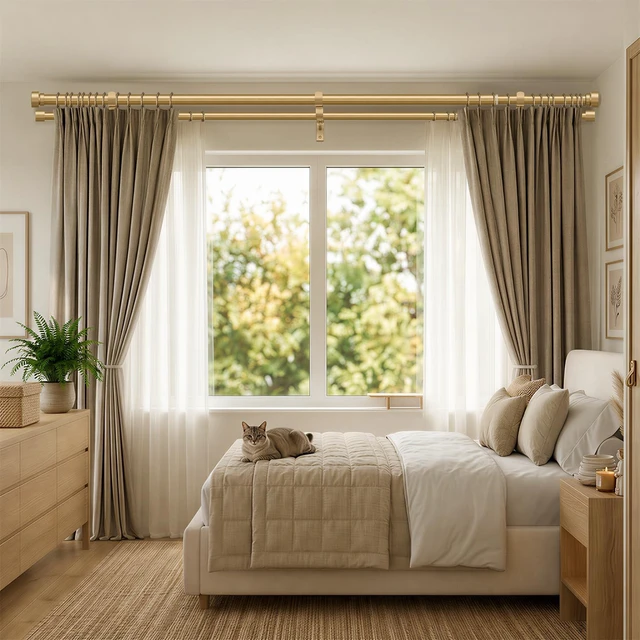 Alt view image 2 of 7 - 1 Inch Modern Gold Double Curtain Rods for Windows 72-144 Inch Adjustable