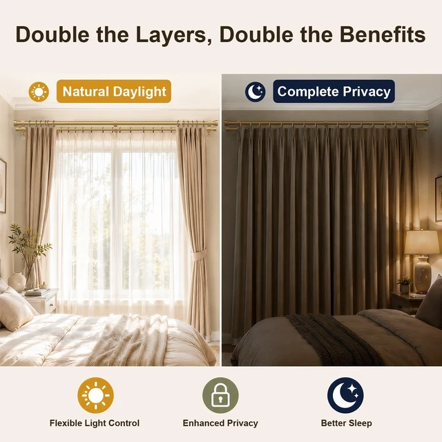 Alt view image 3 of 7 - 1 Inch Modern Gold Double Curtain Rods for Windows 72-144 Inch Adjustable