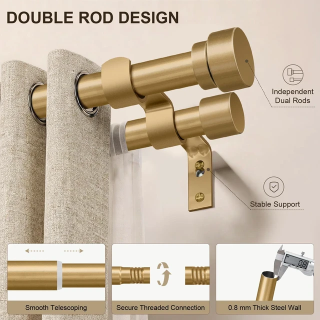 Alt view image 4 of 7 - 1 Inch Modern Gold Double Curtain Rods for Windows 72-144 Inch Adjustable