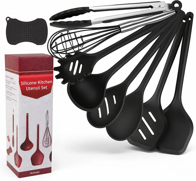Main image of Kitchen Utensils Set,9 PCS Silicone Cooking Utensils Set Spatula Set,Non Toxic Cooking Utensils,Tongs,Spoon,Whisk,Brush,BPA Free Kitchen Gadgets for Non-Stick Cookware,Home Essential(Black-9P)