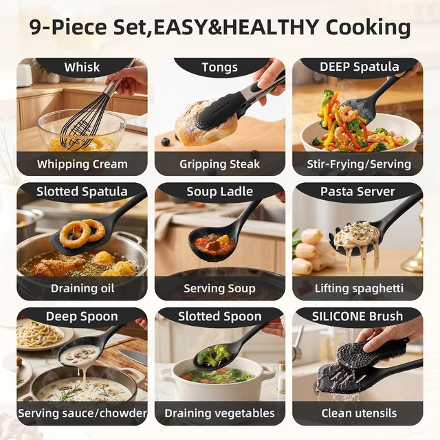 Alt view image 2 of 7 - Kitchen Utensils Set,9 PCS Silicone Cooking Utensils Set Spatula Set,Non Toxic Cooking Utensils,Tongs,Spoon,Whisk,Brush,BPA Free Kitchen Gadgets for Non-Stick Cookware,Home Essential(Black-9P)