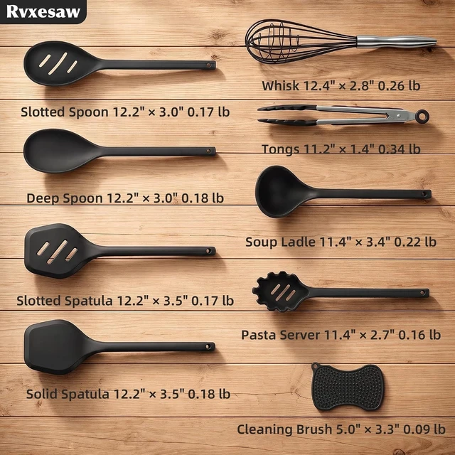 Alt view image 4 of 7 - Kitchen Utensils Set,9 PCS Silicone Cooking Utensils Set Spatula Set,Non Toxic Cooking Utensils,Tongs,Spoon,Whisk,Brush,BPA Free Kitchen Gadgets for Non-Stick Cookware,Home Essential(Black-9P)