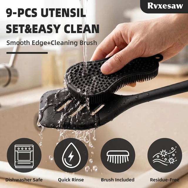 Alt view image 7 of 7 - Kitchen Utensils Set,9 PCS Silicone Cooking Utensils Set Spatula Set,Non Toxic Cooking Utensils,Tongs,Spoon,Whisk,Brush,BPA Free Kitchen Gadgets for Non-Stick Cookware,Home Essential(Black-9P)