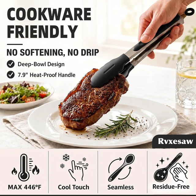 Alt view image 6 of 7 - Kitchen Utensils Set,9 PCS Silicone Cooking Utensils Set Spatula Set,Non Toxic Cooking Utensils,Tongs,Spoon,Whisk,Brush,BPA Free Kitchen Gadgets for Non-Stick Cookware,Home Essential(Black-9P)