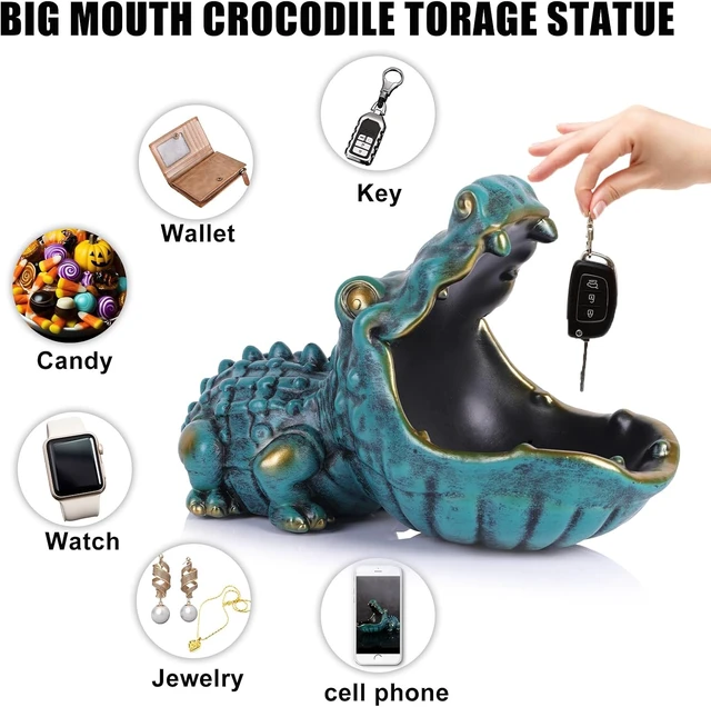 Alt view image 5 of 7 - Alligator Statue Key Bowl, Fun Animal Statue Candy Dish for Entryway Decorative Bowl, Office Candy Dish, Big Mouth Sculpture Home Living Room Trinket Container Storage Box (Green)