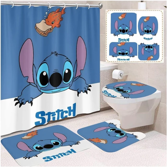 Main image of Cute Sitch Shower Curtain Set 4 Piece with Non-Slip Rugs, Toilet Lid Cover and Bath Mat Cartoon Bathroom Decor 72 x 72inch (Stitch 001)