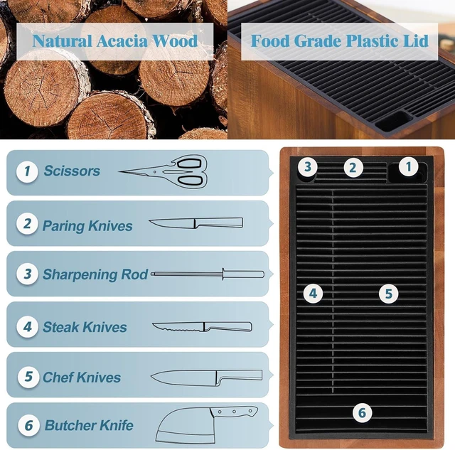 Alt view image 3 of 7 - Universal Knife Block Without Knives, Acacia Wood Large Knife Holder