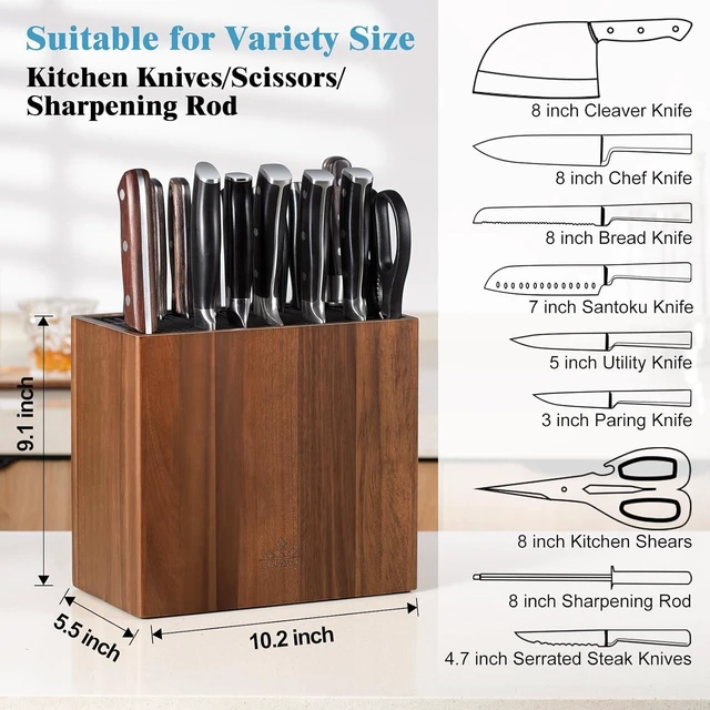 Alt view image 4 of 7 - Universal Knife Block Without Knives, Acacia Wood Large Knife Holder