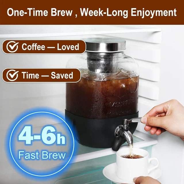 Alt view image 3 of 7 - Cold Brew Coffee Maker, 1 Gallon Iced Coffee Maker With Stainless Steel Filter, Heavy Duty Glass Cold Brew Pitcher With Stainless Steel Spigot, Mason Jar Cold Brew Coffee Maker Fast Iced Tea Maker