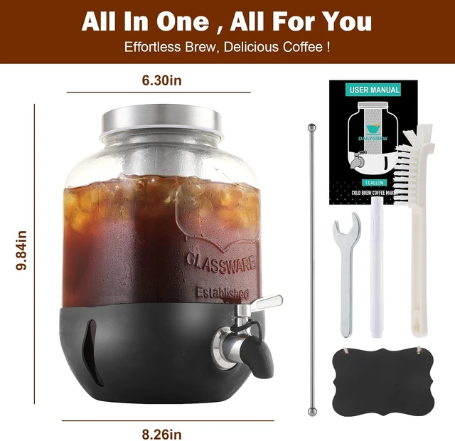 Alt view image 4 of 7 - Cold Brew Coffee Maker, 1 Gallon Iced Coffee Maker With Stainless Steel Filter, Heavy Duty Glass Cold Brew Pitcher With Stainless Steel Spigot, Mason Jar Cold Brew Coffee Maker Fast Iced Tea Maker
