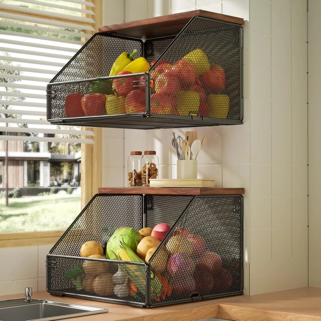 Main image of Stackable Fruit Basket for Kitchen Countertop Space Saving, Wall Mounted Mesh Metal Wire Basket with Wood Lid Extra Storage, 2 Pack Kitchen Counter Organizer for Snack, Onion and Potato Storage, Black