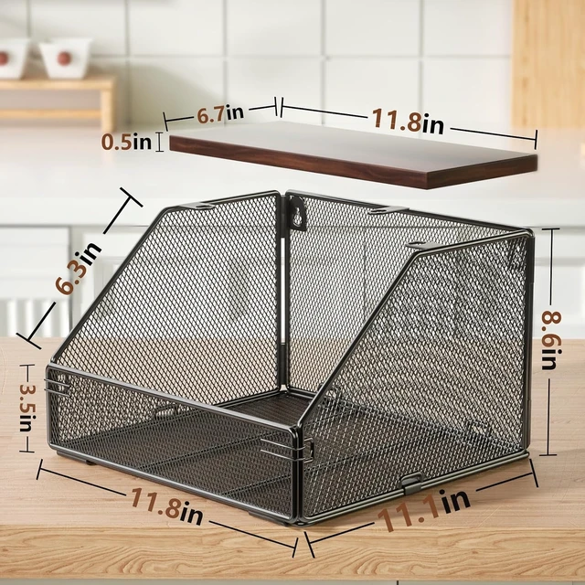 Alt view image 2 of 6 - Stackable Fruit Basket for Kitchen Countertop Space Saving, Wall Mounted Mesh Metal Wire Basket with Wood Lid Extra Storage, 2 Pack Kitchen Counter Organizer for Snack, Onion and Potato Storage, Black