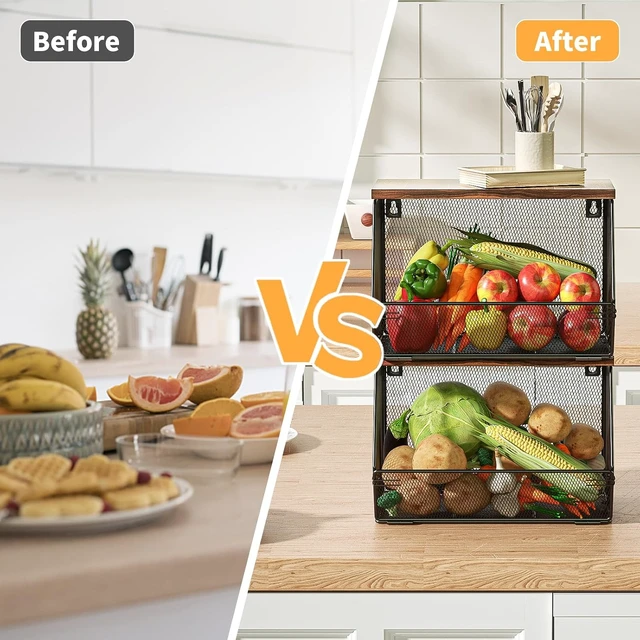 Alt view image 3 of 6 - Stackable Fruit Basket for Kitchen Countertop Space Saving, Wall Mounted Mesh Metal Wire Basket with Wood Lid Extra Storage, 2 Pack Kitchen Counter Organizer for Snack, Onion and Potato Storage, Black