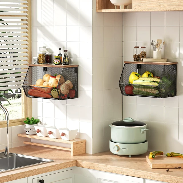 Alt view image 4 of 6 - Stackable Fruit Basket for Kitchen Countertop Space Saving, Wall Mounted Mesh Metal Wire Basket with Wood Lid Extra Storage, 2 Pack Kitchen Counter Organizer for Snack, Onion and Potato Storage, Black