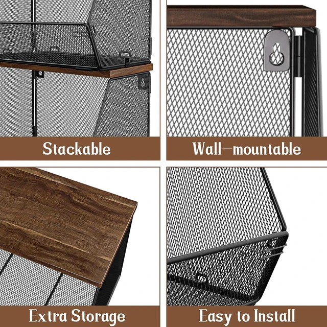 Alt view image 5 of 6 - Stackable Fruit Basket for Kitchen Countertop Space Saving, Wall Mounted Mesh Metal Wire Basket with Wood Lid Extra Storage, 2 Pack Kitchen Counter Organizer for Snack, Onion and Potato Storage, Black