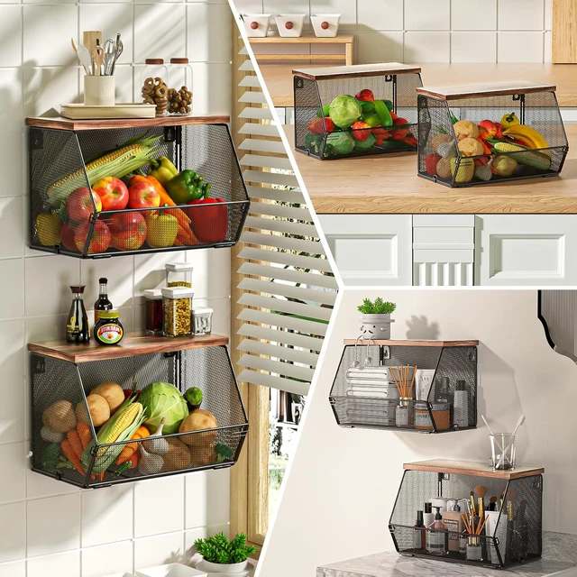 Alt view image 6 of 6 - Stackable Fruit Basket for Kitchen Countertop Space Saving, Wall Mounted Mesh Metal Wire Basket with Wood Lid Extra Storage, 2 Pack Kitchen Counter Organizer for Snack, Onion and Potato Storage, Black