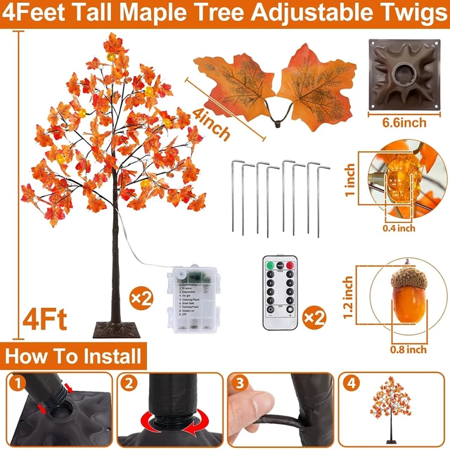 Alt view image 4 of 7 - 2 Pack 4Ft Prelit Lighted Fall Maple Tree 96 LED with Pumpkin Lights Acorns