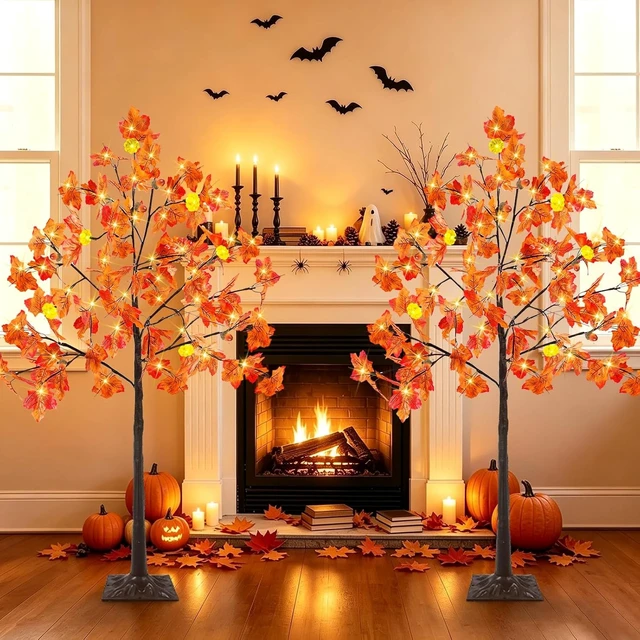 Alt view image 5 of 7 - 2 Pack 4Ft Prelit Lighted Fall Maple Tree 96 LED with Pumpkin Lights Acorns