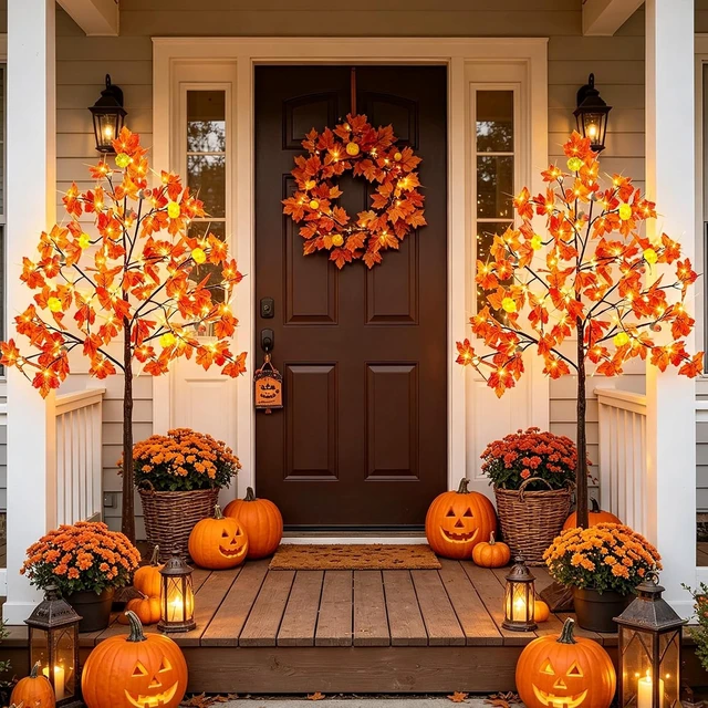 Alt view image 6 of 7 - 2 Pack 4Ft Prelit Lighted Fall Maple Tree 96 LED with Pumpkin Lights Acorns