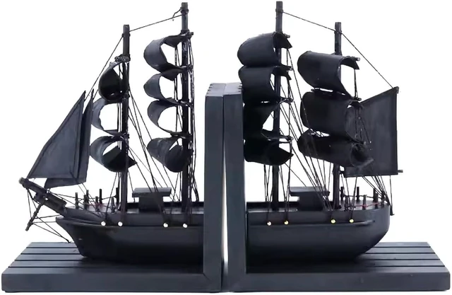 Main image of Wooden Ship bookends The Black Pearl Pirate 10" Prebuilt Caribbean Coastal Sailboat Decor Nautical Gift for Enthusiasts